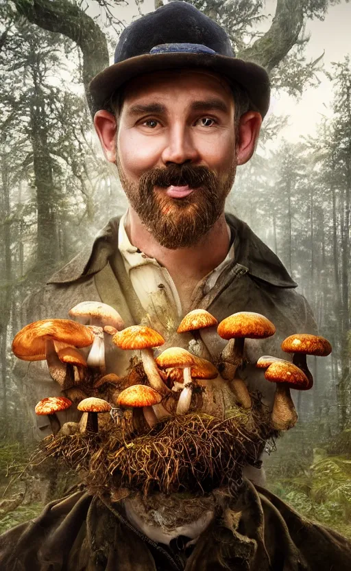 Image similar to realistic colorful photo portrait of man with mushrooms growing on his face, illuminated forest in the background full light, ultra rendered extreme realism and detail, 8 k, highly detailed, realistic, photorealistic,