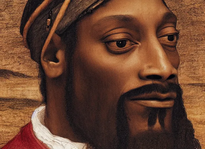 Image similar to a very high resolution image from a new movie, snoop dogg. drawn by leonardo da vinci. mountains, directed by wes anderson