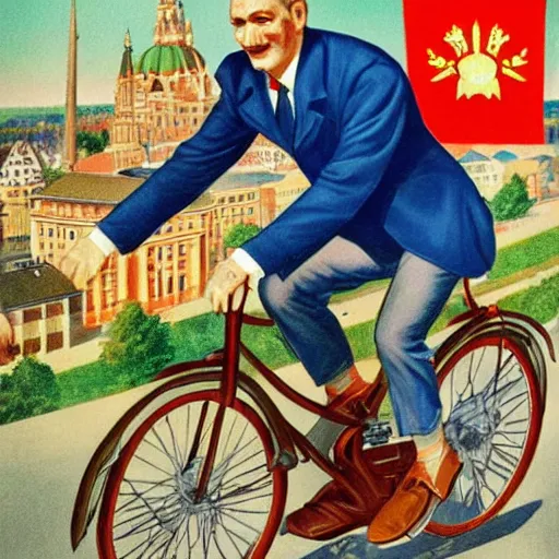 Image similar to portrait of mayor of budapest gergely karacsony riding a bicycle in summer shirt, soviet propaganda poster, hungarian flag in the background, colored, artgerm, highly detailed