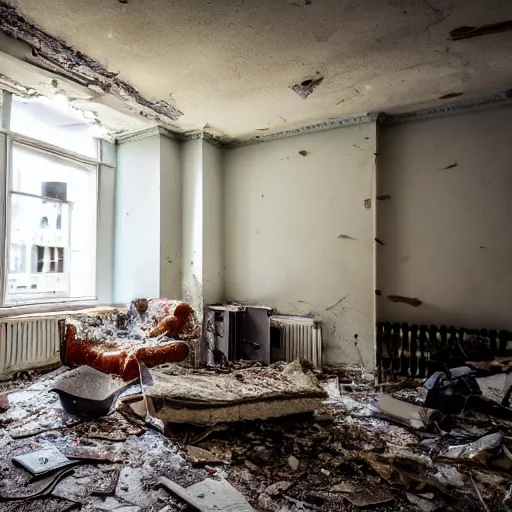 Image similar to Award winning photo of a living room of a flat abandoned 3 moths ago, 4k, urban exploring, high quality, messy