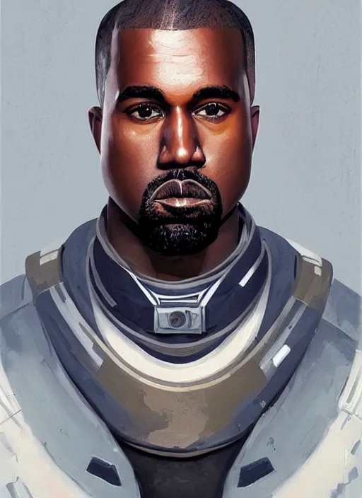 Image similar to pinted portrait of kanye west as a dieselpunk astronaut by greg rutkowski, he is about 3 0 years old, short blond hair, athletic and strong, straight jaw, wearing futuristic space gear, highly detailed portrait, digital painting, artstation, concept art, smooth, sharp foccus ilustration, artstation hq.