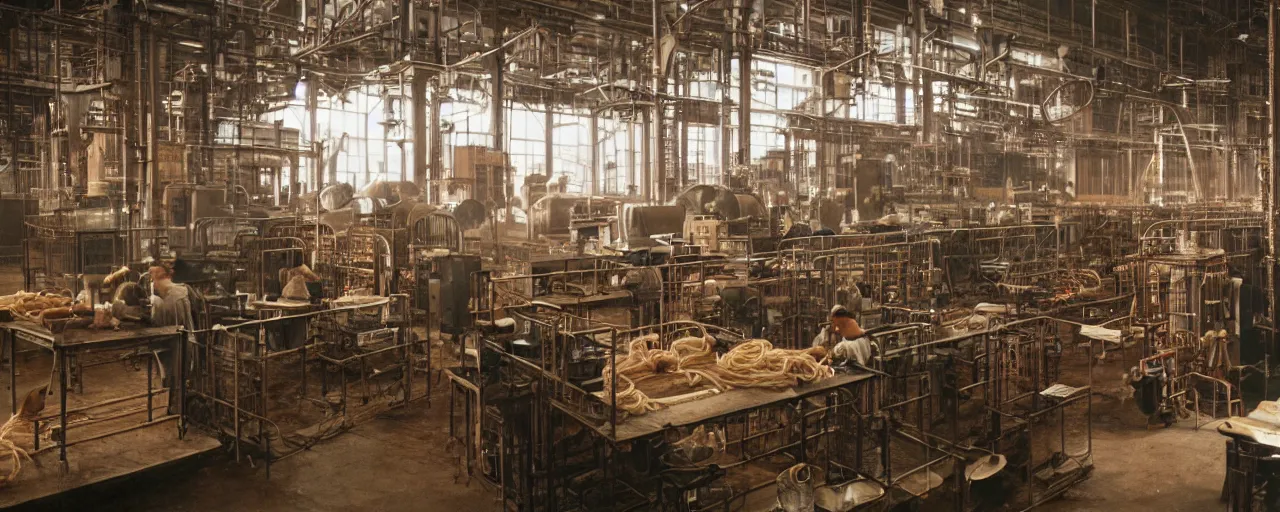 Image similar to spaghetti in a 1 9 2 0's industrial factory, steam, national geographic, detailed, canon 2 0 mm, wes anderson, kodachrome