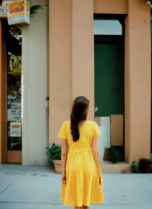 Image similar to portrait of a beautiful brown hair woman in a yellow sun dress in downtown Los Angelas, 50mm lens, Kodak Portra 400 film