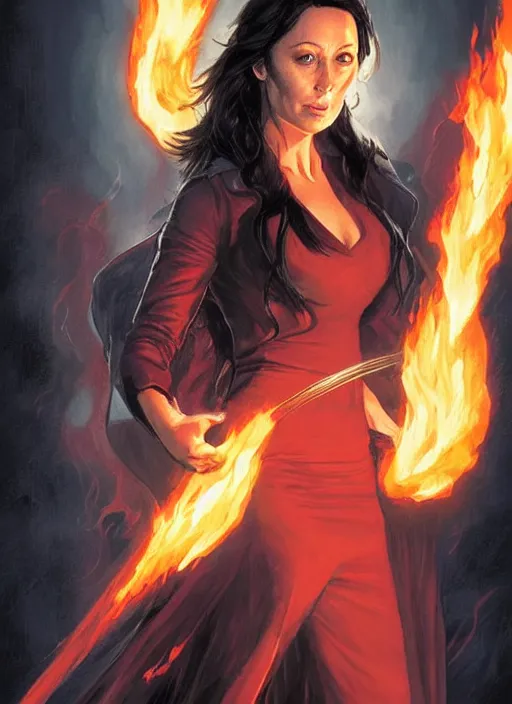 Image similar to a 8K DC comic of Prue Halliwell as Zatanna from DC comics , wavy hair . D&D style, sharp definition, surrounded by flames. Art by by Greg Rutkowski and Dan Mumford.