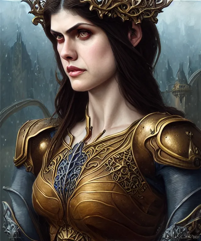 Image similar to Alexandra Daddario Muscular and powerful medieval knight portrait, art nouveau, fantasy, intricate flower designs, elegant, highly detailed, sharp focus, art by Artgerm and Greg Rutkowski