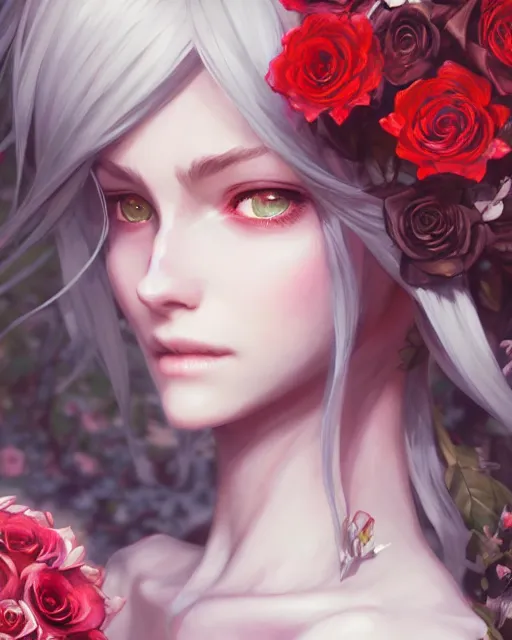 Image similar to an elegant lady surrounded by skulls in a garden full of roses, final fantasy, cushart krenz, cushart krenz, very detailed, realistic face, detailed face, matte, tonemapping, perfection, 4 k,