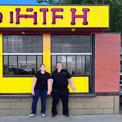 Prompt: wafflehouse employee's standing below wafflehouse sign