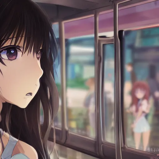 Image similar to closeup of an Anime girl in the bus station in the city of Armenia Quindio, Artwork by Makoto Shinkai, official media, 8k, pixiv, high definition, wallpaper, hd, digital artwork