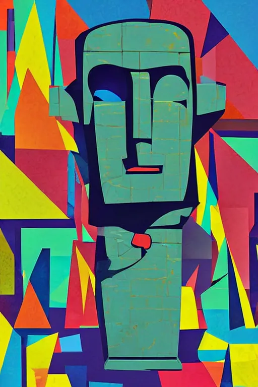 Image similar to cubist moai statue cutout digital illustration cartoon colorful beeple