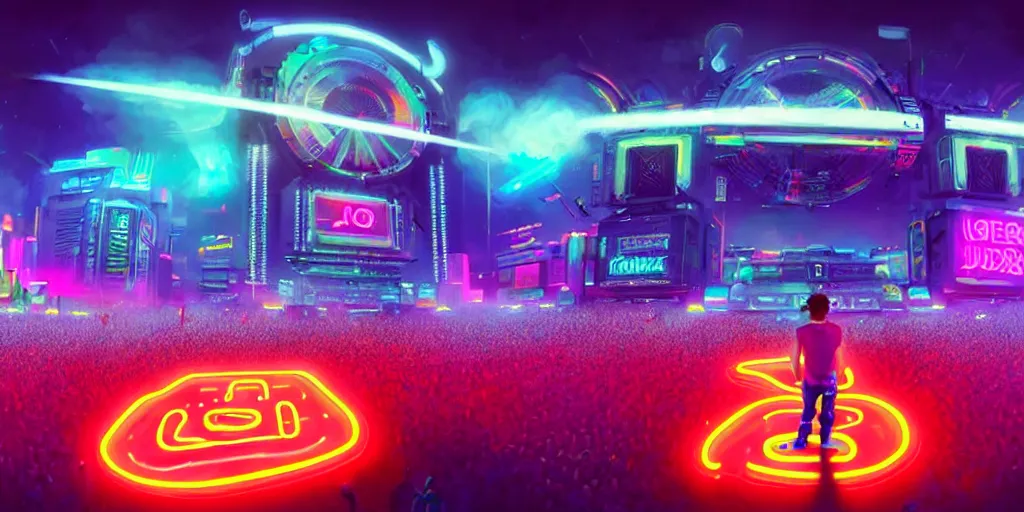 Image similar to dj plays big music at the biggest festivals in the world to a huge crowd, with lots of blaring neon lights in the spirit of synthwave, highly detailed, digital painting, artstation, concept art, matte, sharp focus, illustration, art by artgerm and greg rutkowski and mike mignogna