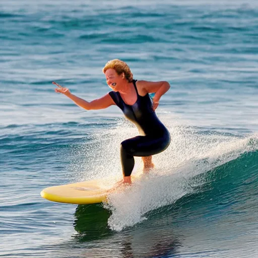 Image similar to queen elizabeth surfing in hawaii, smiling, having fun, golden hour, action photography