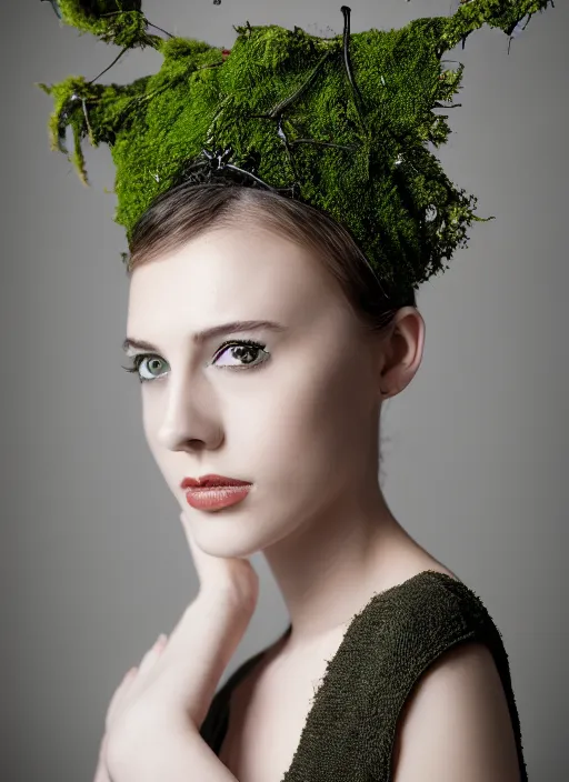 Image similar to a photo of a female model, orgnic headpiece, vines, horn, moss, fashion photography, realistic, hyperdetails, dark grey backdrop studio, moss and vine dress