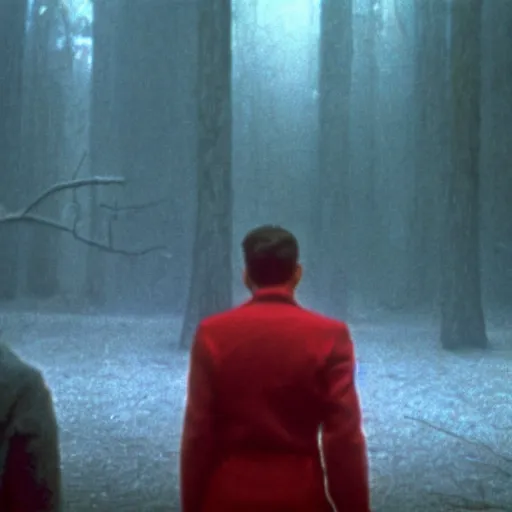 Image similar to a forest, in the background there is a young man wearing red clothes. still from blade runner.