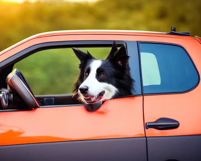 Prompt: border collie dog in the driver's seat of an orange nissan note, paws on wheel, car moving fast, rally driving photo, award winning photo, golden hour, front of car angle