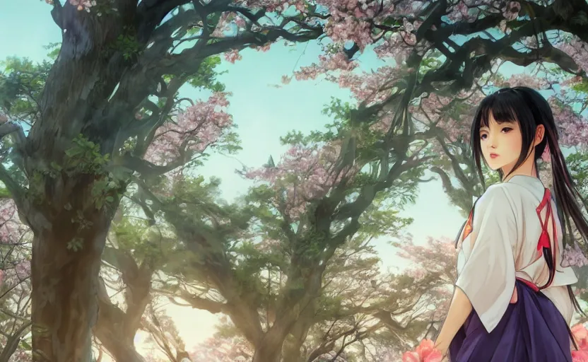 Image similar to front portrait of a girl walking, sakura tree in background, yukata clothing, battlefield in background, anime style, rounded faces, hair down, symmetrical facial features, from arknights, hyper realistic, 4 k, extreme detail, detailed drawing, trending artstation, realistic lighting, by alphonse mucha, greg rutkowski, sharp focus, backlit