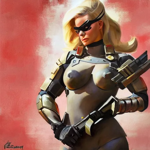 Prompt: greg manchess portrait painting of fully armored and armed margot robbie as overwatch character, close - up shot, asymmetrical, profile picture, organic painting, sunny day, matte painting, bold shapes, hard edges, street art, trending on artstation, by huang guangjian and gil elvgren and sachin teng