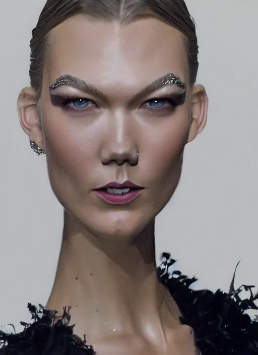 Prompt: A beautiful portrait of Karlie Kloss as a model at Chanel fashion show Paris Spring/Summer 2018, highly detailed, in the style of cinematic, fashionweek backstage, makeup by Pat Mcgrath, shot by Greg rutkowski