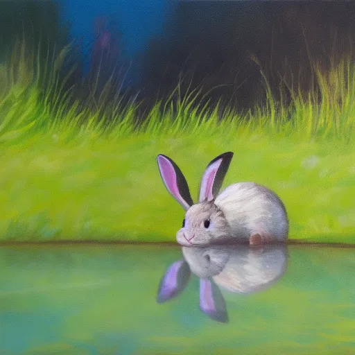 Image similar to bunny rabbit with ears perked up in the middle of a lake sitting on a rock surrounded by a lush green forest, oil painting, award winning, 4k, high quality, detailed