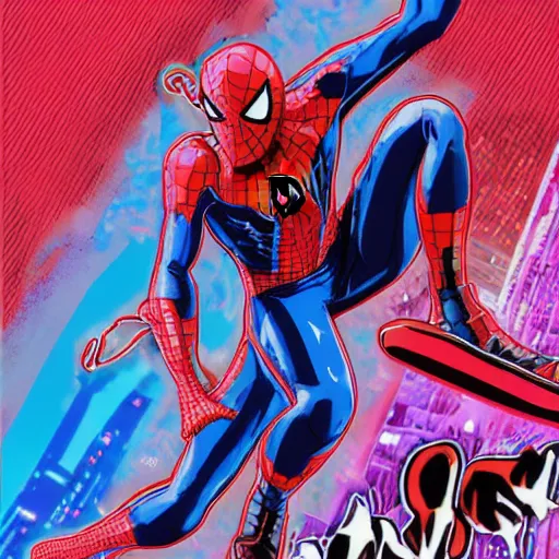 Prompt: !dream Anime key visual of Cyberpunk ninja Spider-Man in a colorful blue and scarlet suit, wearing a scarlet hoodie, riding a skateboard in Berlin, official media drawn by Hirohiko Araki, anime magazine cover, manga cover, in the style of JOJO’s bizarre adventure, Hirohiko Araki artwork, skateboarding photo