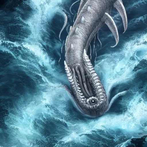 Image similar to top down view of a leviathan emerging from a deep ocean during a storm, cinematic lighting, dramatic, masterpiece, trending on artstation