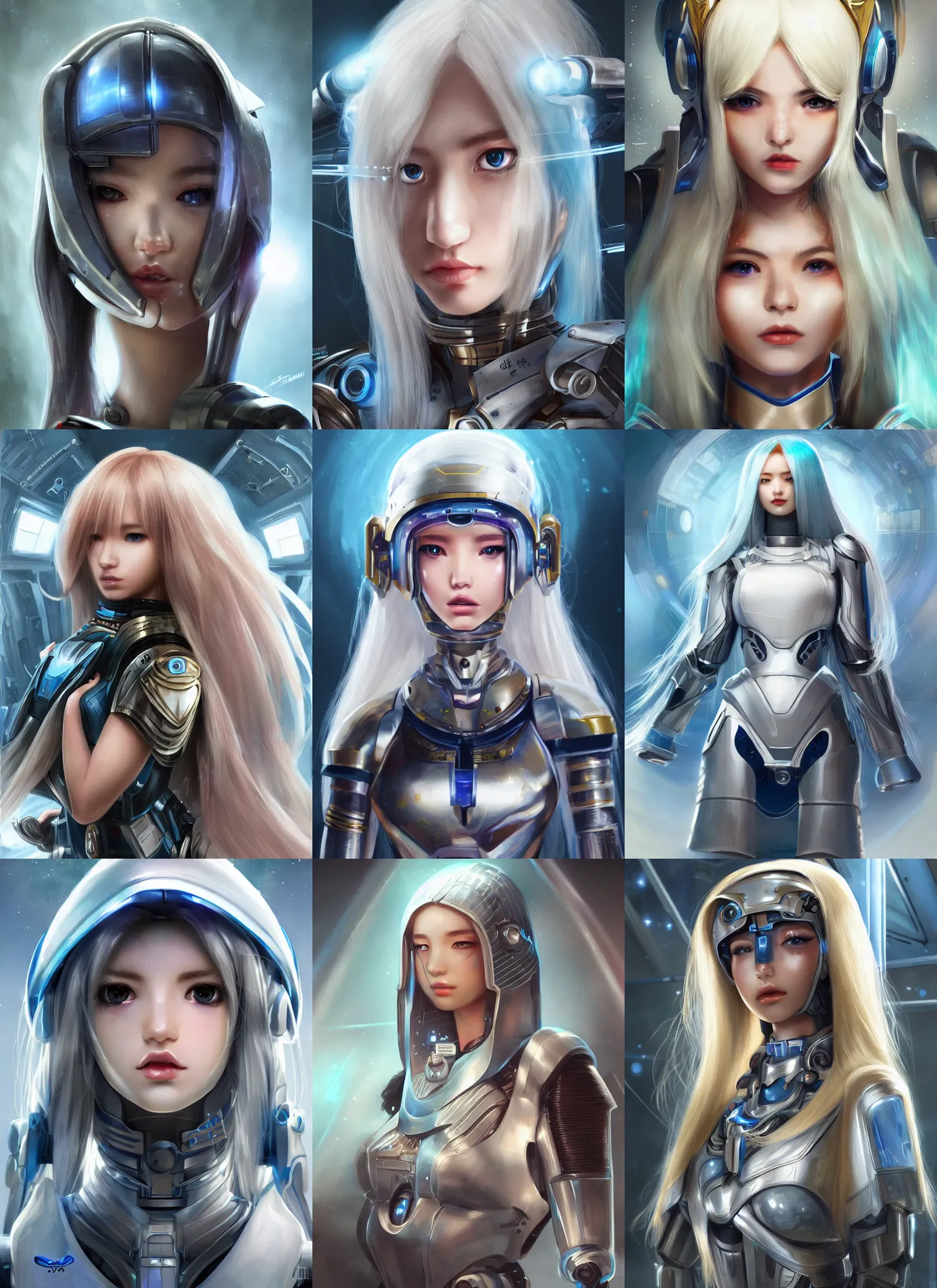 Prompt: perfect android girl, egyptian cyborg armor, beautiful face, scifi, futuristic, space station, laboratory, bae suzy, dreamy, long white hair, blue cyborg eyes, cinematic lighting, highly detailed, very cute, focused, artstation, divine, by gauthier leblanc, kazuya takahashi, huifeng huang, jama jurabaev