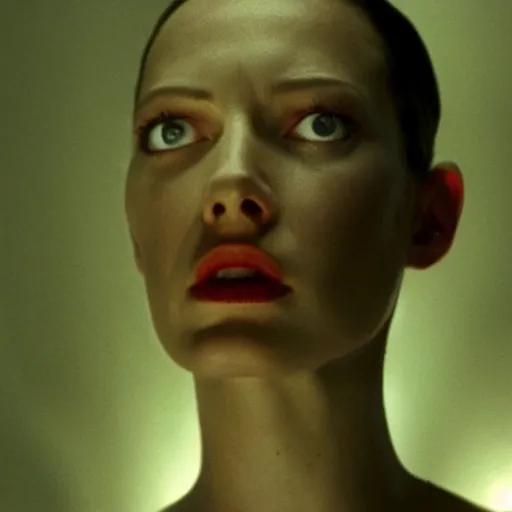 Image similar to movie still of a cyborg, facial expression, cinematic composition, cinematic light, surreal cinema, by david lynch,