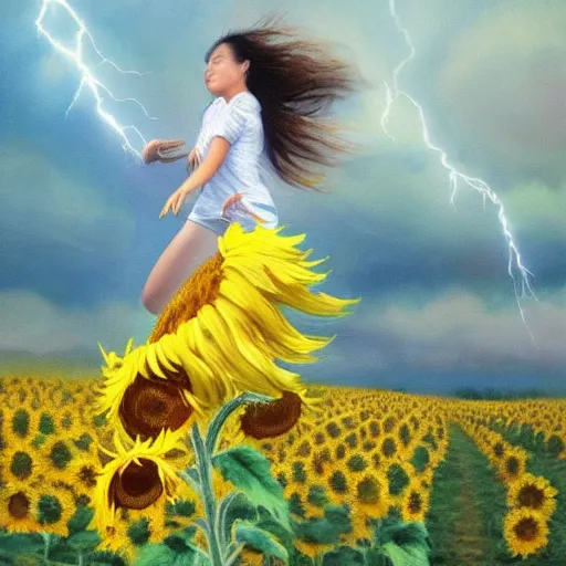 Image similar to a girl slowly running through amazing tall sunflower field, hair flowing, dynamic hands position, fog, early morning lightning, subtle, intricate details, real masterpiece, oil on canvas, by somsak anong