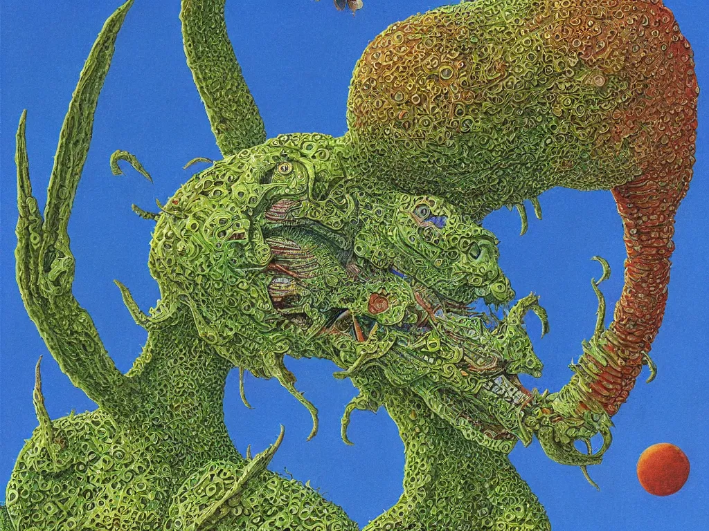 Image similar to close up view of a creature from codex seraphinianus. painting by roger dean