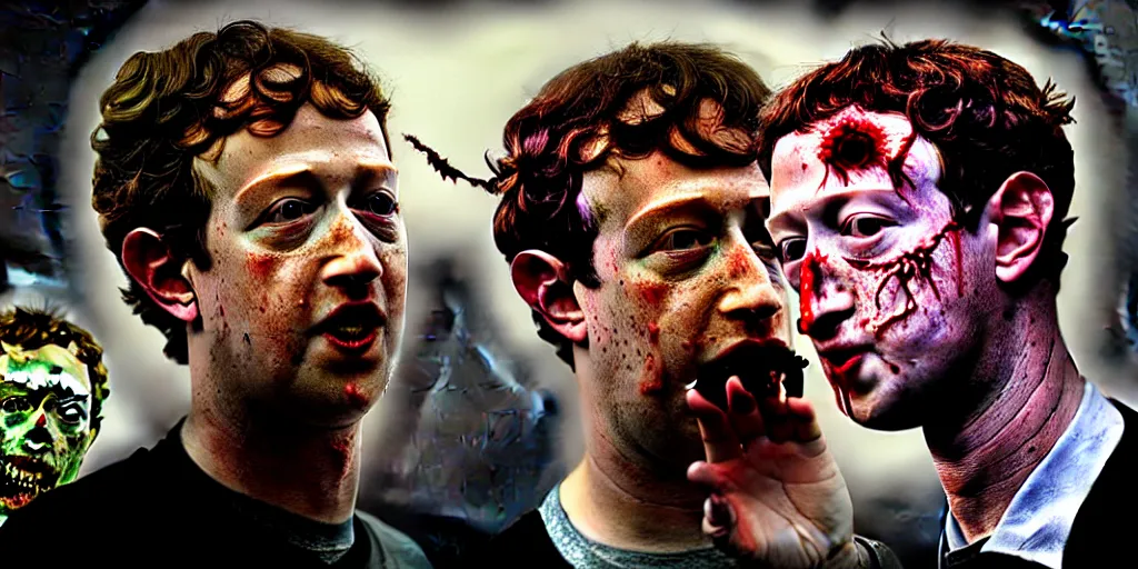 Prompt: zombie prince mark zuckerberg eating the President of United States during the apocalypse cinematic dramatic hdr, high quality, highly detailed