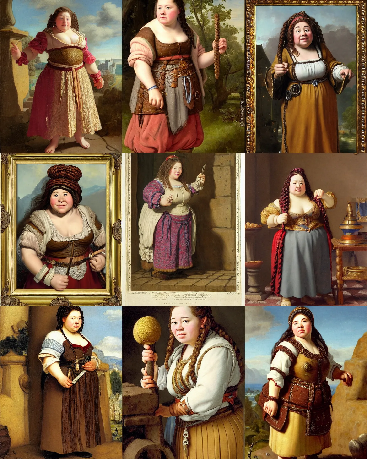 Prompt: female dwarven noblewoman, chubby short stature, braided intricate hair, by gabriel metsu