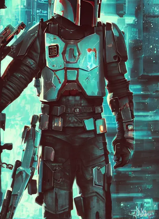 Image similar to cyberpunk x boba fett, digital art, character mashup, epic lighting, combination art