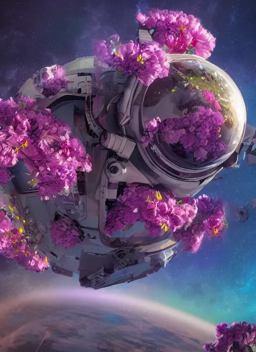 Image similar to An epic fantastic realism comic book style painting of the most beautiful flowers launched into space, bouquets, fisheye lens, unreal 5, DAZ, hyperrealistic, stars in the night sky, octane render, dynamic lighting