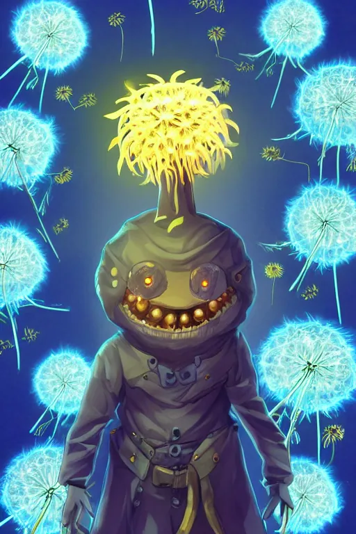 Prompt: a glowing humanoid figure dandelion monster with large glowing eyes, surrounded by golden coins, highly detailed, digital art, sharp focus, trending on art station, anime art style