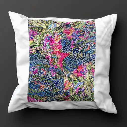 Prompt: the most amazing pillow every made, product shot, intricate, fine detail, full maximalist print