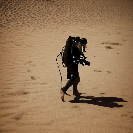 Image similar to a scuba diver walking in the desert, photography, highly detailed, high quality, 8 k, soft lighting,