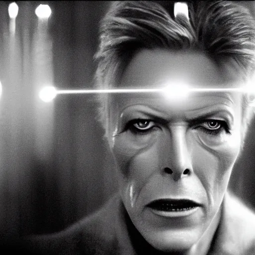 Image similar to movie still of cyborg david bowie, cinematic composition, cinematic light, criterion collection, by edgar wright