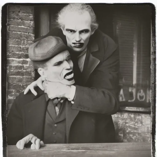 Image similar to hyper realistic vintage photograph of a vampire biting an old mans neck outside of a bar at night detailed faces, grain, old, monochrome, wide angle