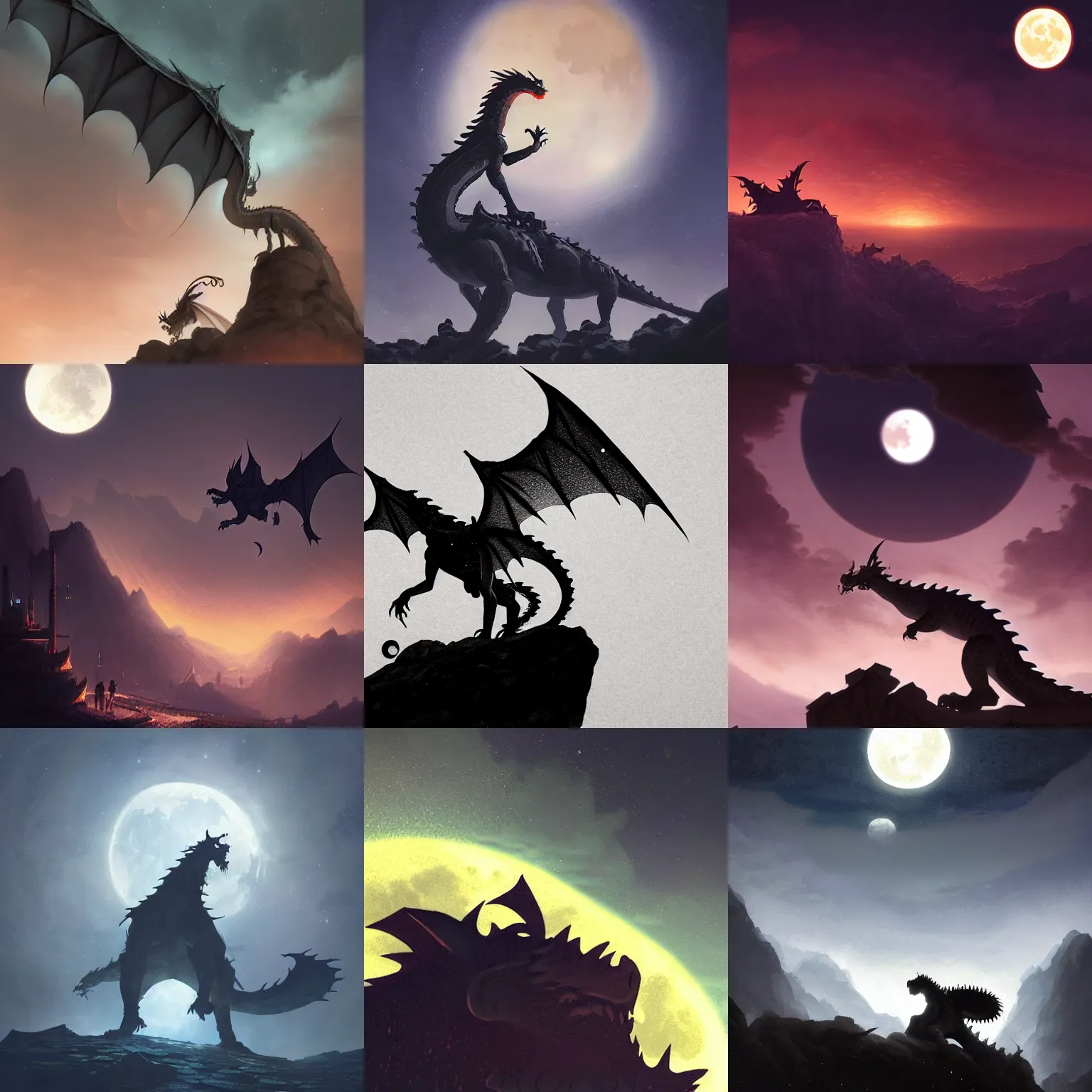 Prompt: Silhouette of a dragon against the full moon night sky, silhouette view, by Greg Rutkowski and Tyler Edlin, Artstation