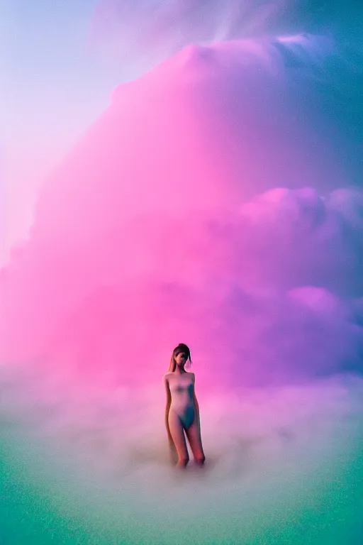 Image similar to high quality pastel coloured film close up wide angle photograph of a model wearing clothing swimming on cloud furniture in a icelandic black rock!! environment in a partially haze filled dreamstate world. three point light, rainbow. photographic production. art directed. pastel colours. volumetric clouds. pastel gradient overlay. waves glitch artefacts. extreme facial clarity. 8 k. filmic.