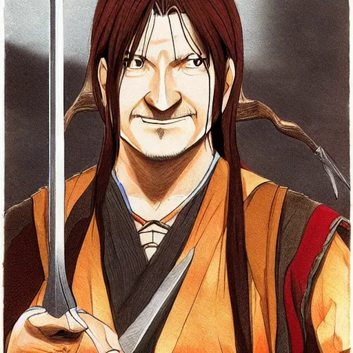 Prompt: boromir in an anime world, holding a sword, incredibly detailed, ultra realistic, drawing by Satoshi Kon