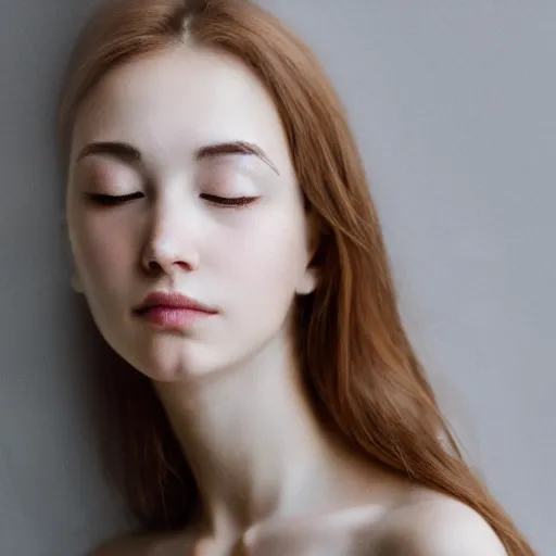 Prompt: photorealistic portrait of a beautiful young woman, very blurry, out of focus, translucent stone white skin, closed eyes, foggy, closeup, thin neck