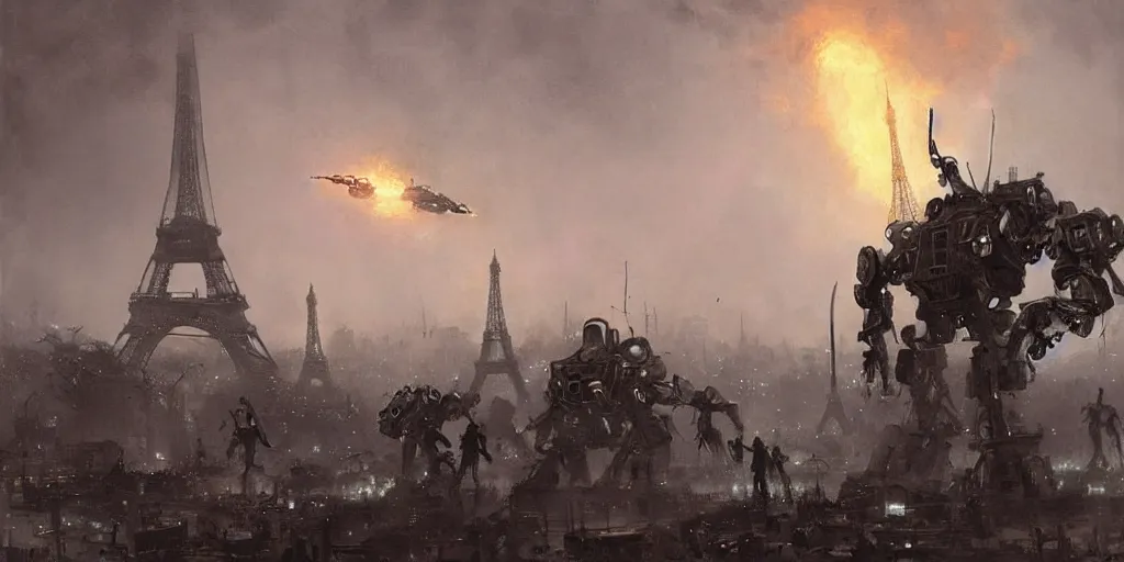 Image similar to war of the worlds, giant mech attack paris, human soldiers, eiffel tower! intense fighting, glowing lights!! digital painting, very detailed, art by jakub rozalski