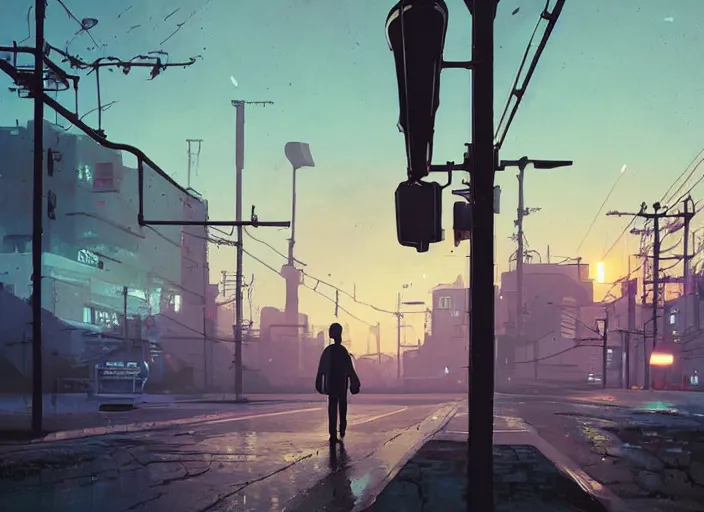 Prompt: a long road leading to a small silhouette of a postcyberpunk city on the horizon in the distance. Gas street lamps. Fields on the sides of, the road, desolate. digital illustration, very vibrant colors, soft lighting, adventurous, atmospheric lighting, 8K, octane render. By Makoto Shinkai, Stanley Artgerm Lau, WLOP, Rossdraws, James Jean, Andrei Riabovitchev, Marc Simonetti, krenz cushart, Sakimichan, D&D trending on ArtStation, digital art.