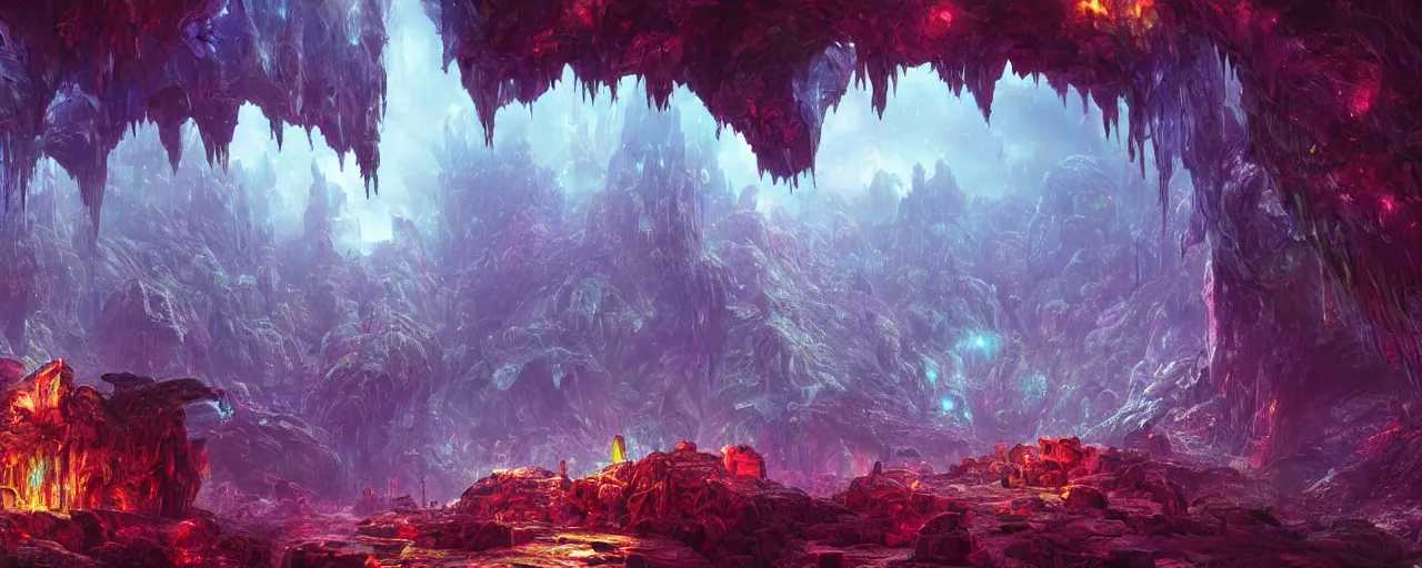 Image similar to ” crystal caverns alien landscape, [ beautiful, cinematic, detailed, epic, widescreen, opening, establishing, mattepainting, photorealistic, realistic textures, octane render, art by slop and paul lehr ] ”