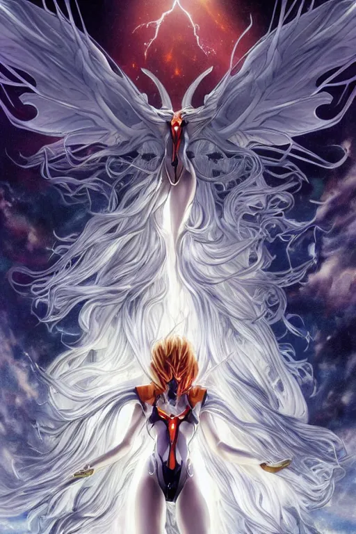 Image similar to poster for the end of Evangelion Apollo the sun God, glowing white skin, angelic augmented cyborg with very very long curly blond hair, fantasy, intricate, elegant, dramatic lighting, emotionally evoking symbolic metaphor, highly detailed, lifelike, photorealistic, digital painting, artstation, concept art, smooth, sharp focus, illustration, art by John Collier and Albert Aublet and Krenz Cushart and Artem Demura and Alphonse Mucha