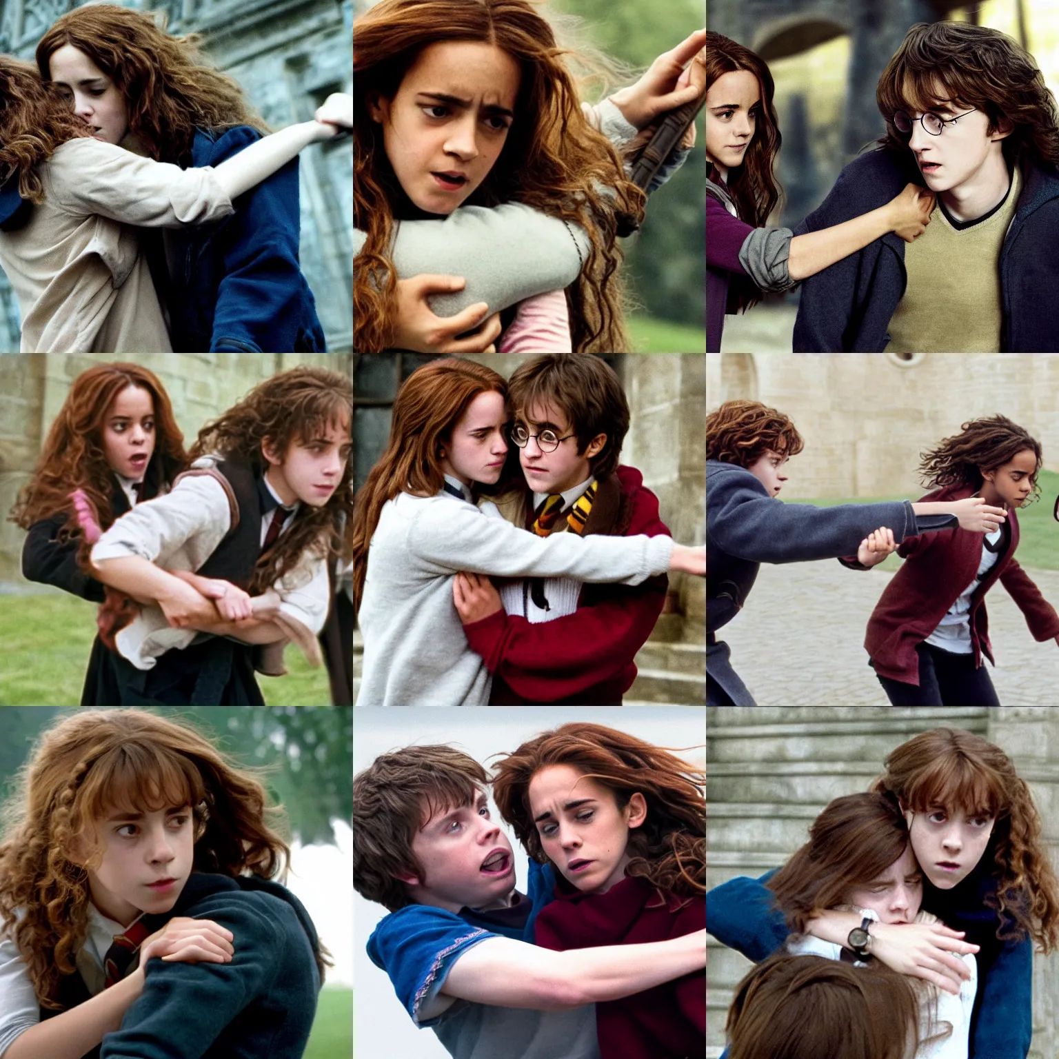 Hermione Granger getting Harry Potter in a headlock