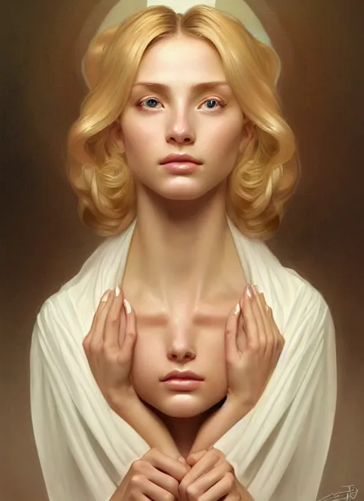 Prompt: face of feminine perfection!! portrait of young wife blessed by god with ever - increasing physical mental perfection, blonde, symmetrical! intricate, sensual features, highly detailed, biblical!! holy perfection!! digital painting, artstation, concept art, smooth, sharp focus, illustration, art by artgerm and greg rutkowski and alphonse mucha