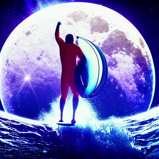 Image similar to astronaut surfing a surfboard on a sparkly crashing wave of stardust in space, background is a moon in nebula, octane render, unreal engine, wide view, 8 k, highdetaild