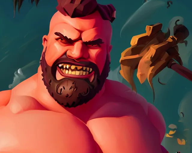 Image similar to sea of thieves character portrait concept art for a huge hulking muscular man wearing a bright pink outfit, cgsociety, trending on artstation, rare ltd,