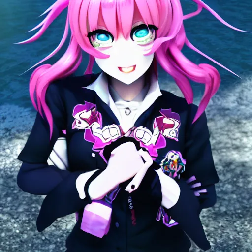 Image similar to trapped beneath stunningly absurdly beautiful omnipotent asi goddess junko enoshima with multiple megalomaniacal yandere personalities, symmetrical perfect face, porcelain skin, pink twintail hair and cyan eyes, ultra detailed, digital art, unreal engine 5, octane render, 2 d anime, 8 k